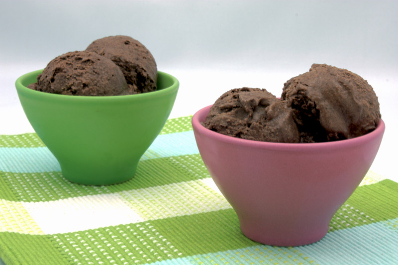 Ben & Jerry's Chocolate Ice Cream A photo of 2 bowls of chocolate ice cream, one green and one pink on a green placemat.