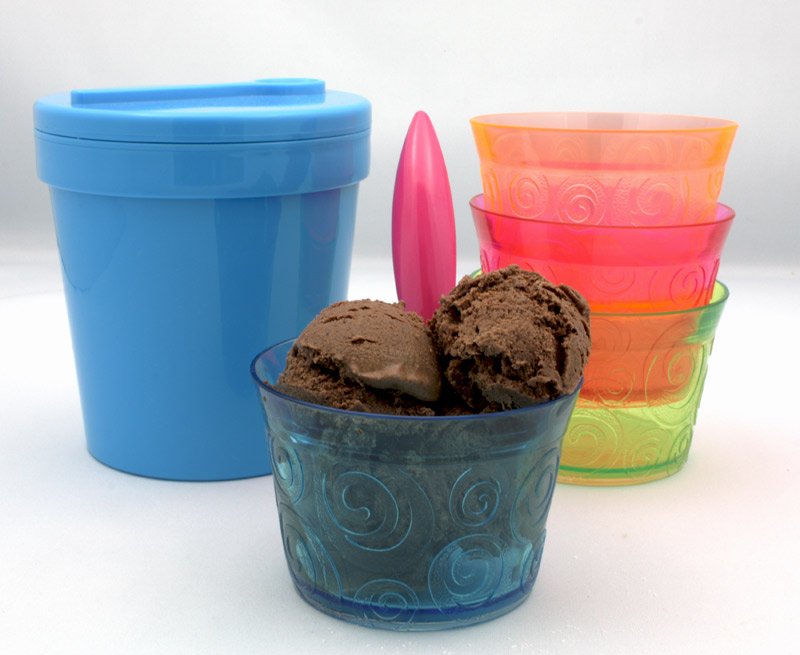 Ben & Jerry's Chocolate ICe Cream A photo of a blue bowl of chocolate ice cream with a pink spoon, as well as a blue ice cream tub and 3 colourful stacked bowls.