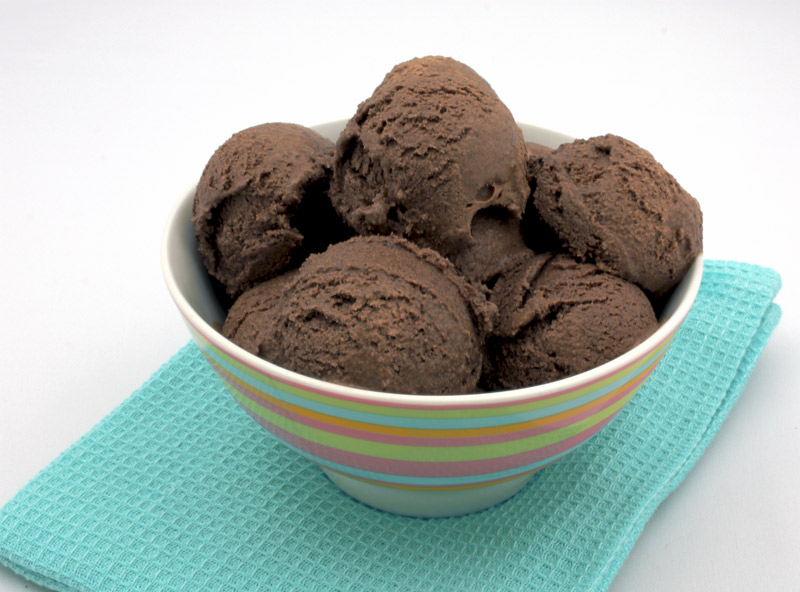 Ben & Jerry's Chocolate Ice Cream A photo of a bowl of chocolate ice cream on a blue waffle tea towel.