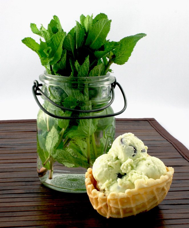 Mint Chocolate Chip Ice Cream A photo of mint chocolate chip ice cream in a waffle bowl with a jar of fresh mint on a wooden placemat.