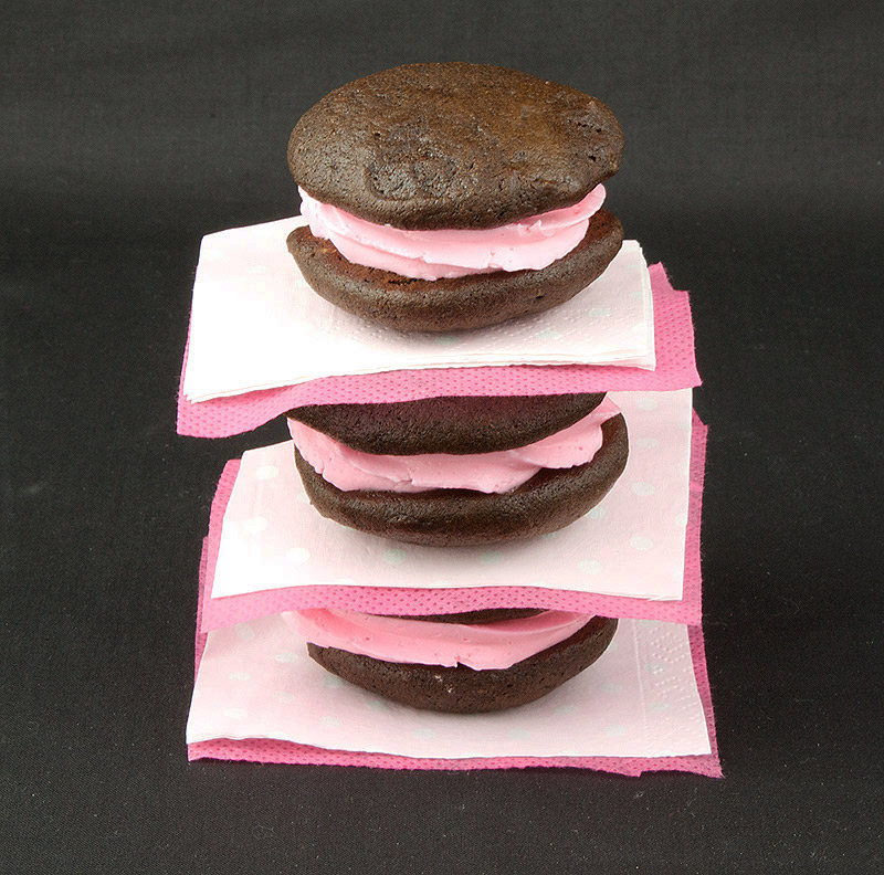 Chocolate Whoopie Pies with Vanilla Swiss Meringue Buttercream A photo of a stack of Chocolate Whoopie Pies with Vanilla Swiss Meringue Buttercream.