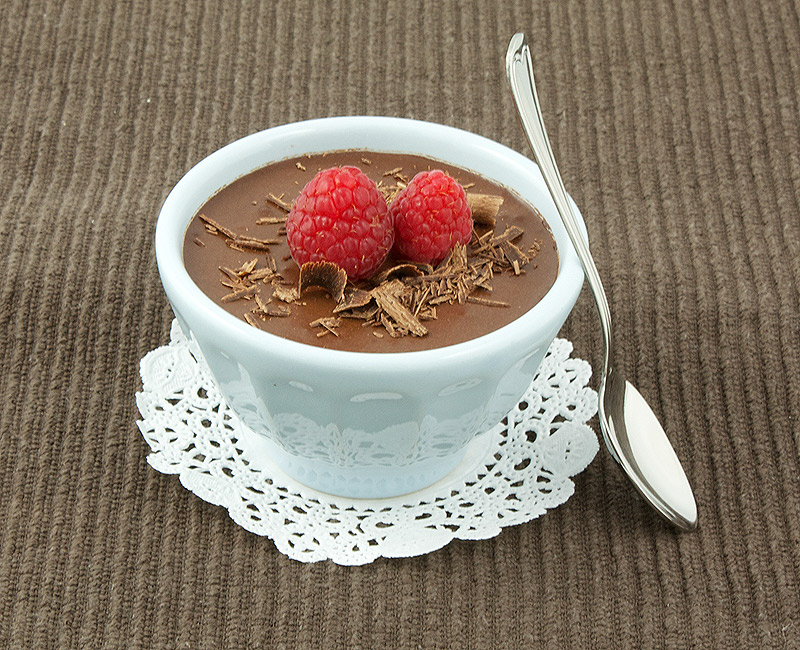 Chocolate Chantilly - "Easy Chocolate Mousse" A photo of Chocolate Chantilly (Easy Chocolate Mousse) garnished with raspberries and chocolate shavings.