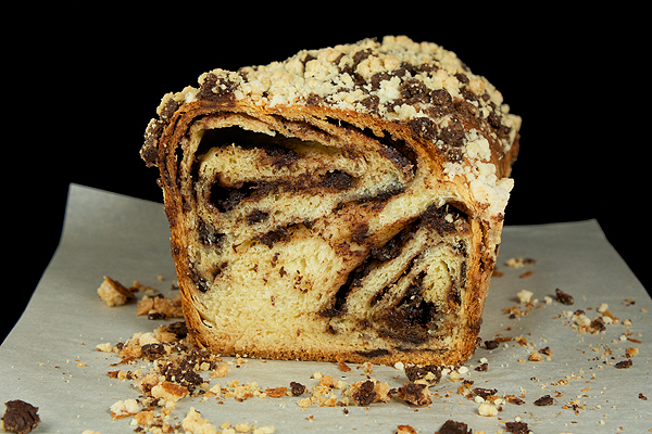 Yeasted Chocolate Coffee Cake A photo of a loaf of Yeasted Chocolate Coffee Cake with a Crumb Topping.