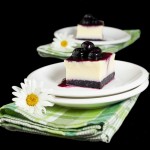 Vanilla Pudding with Blueberry Jelly and Blueberry Sauce {Budino alla Vaniglia con Gelatina di Mirtilli e Salsa di Mirtilli} A photo of an Italian Dessert, Budino alla Vaniglia layered with Gelatina di Mirtilli (Blueberry Jelly) and topped with Salsa di Mirtilli (Blueberry Sauce) served on small white dessert dishes.