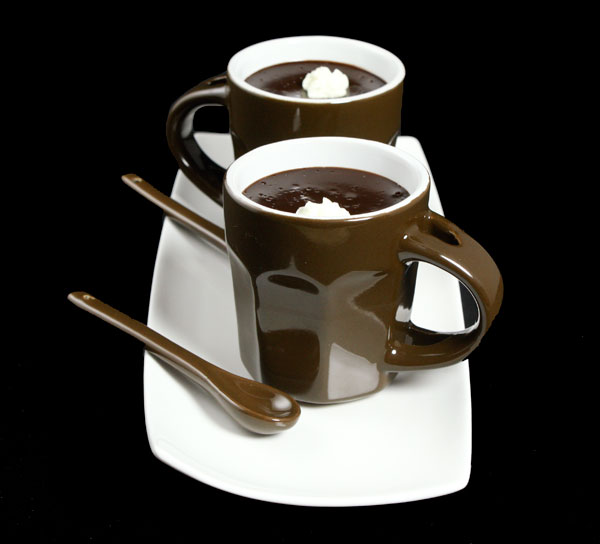pot creme A photo of two Chocolate Pots de Creme in small espresso cups on a white dish.