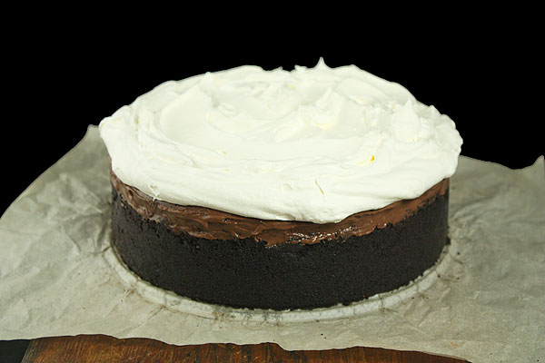 Mississippi Mud Pie A photo taken of a Mississippi Mud Pie on a sheet of non-stick baking paper.