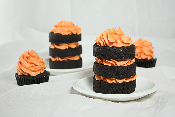 Mini Chocolate Pumpkin Cakes from Grace's Sweet Life A photo of Mini Chocolate Pumpkin Cakes and Chocolate Pumpkin Cupcakes.